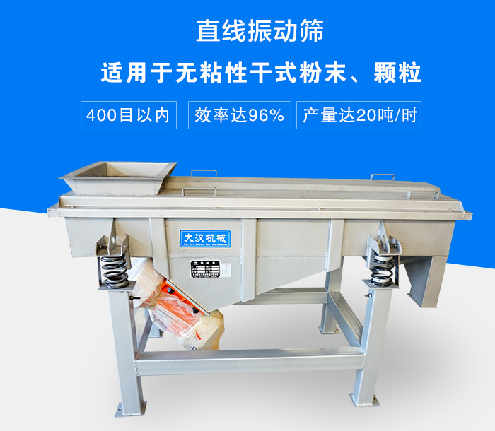 直線振動篩適用于無粘性干式粉末、顆粒，產(chǎn)量達(dá)20噸/時