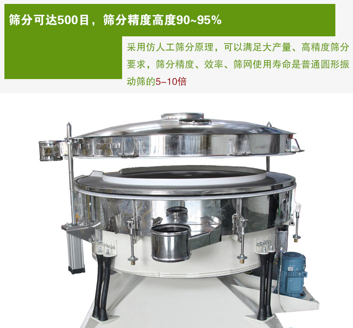 搖擺篩分機采用仿人工篩分原理，可以滿足大產(chǎn)量、高精度篩分 要求，篩分精度、效率、篩網(wǎng)使用壽命是普通圓形振 動篩的5-10倍