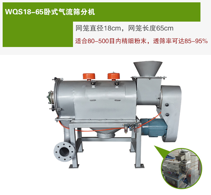 WQS18-65臥式氣流篩分機(jī)網(wǎng)籠直徑為18cm，網(wǎng)籠長(zhǎng)度為65cm